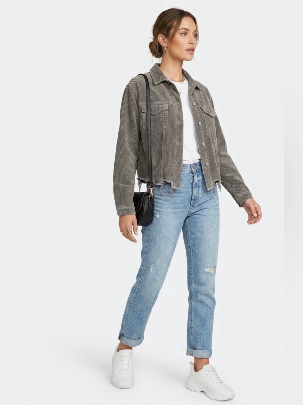 VICI $78 P2P 20-21” L 22” Washed Grey Corduroy Frayed Hem Cropped Shacket L